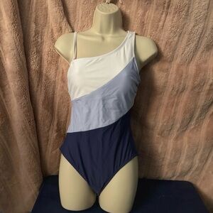 Cupshe Blue and White Color Block One-Shoulder Swimsuit